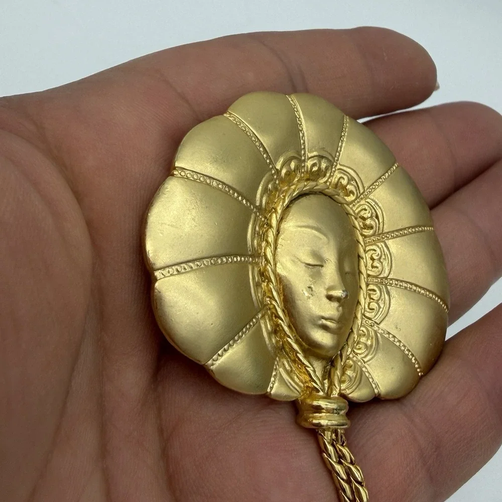 Vtg JJ Jonette Women Face Brooch Goddess Headdress Tassel Art Deco Large Rare